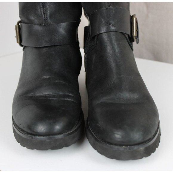 Black Riding Biker Boots Women 7 M Leather Tall Zip Buckle Accent Block Heel - Picture 8 of 11